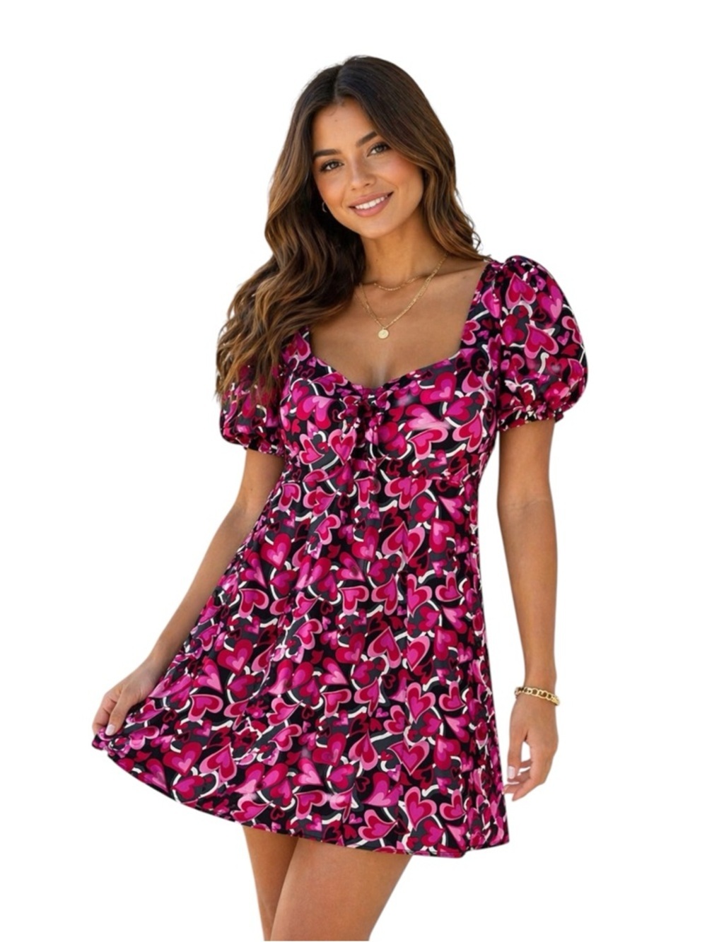 Madden NYC Pink Heart Print Puff Sleeve Mini Dress Size M NWT